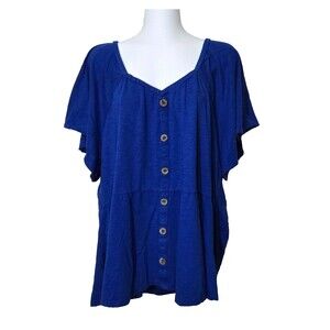 Lane Bryant Top 22 24 Royal Blue Knit Peplum Button Front Short Sleeves Blouse